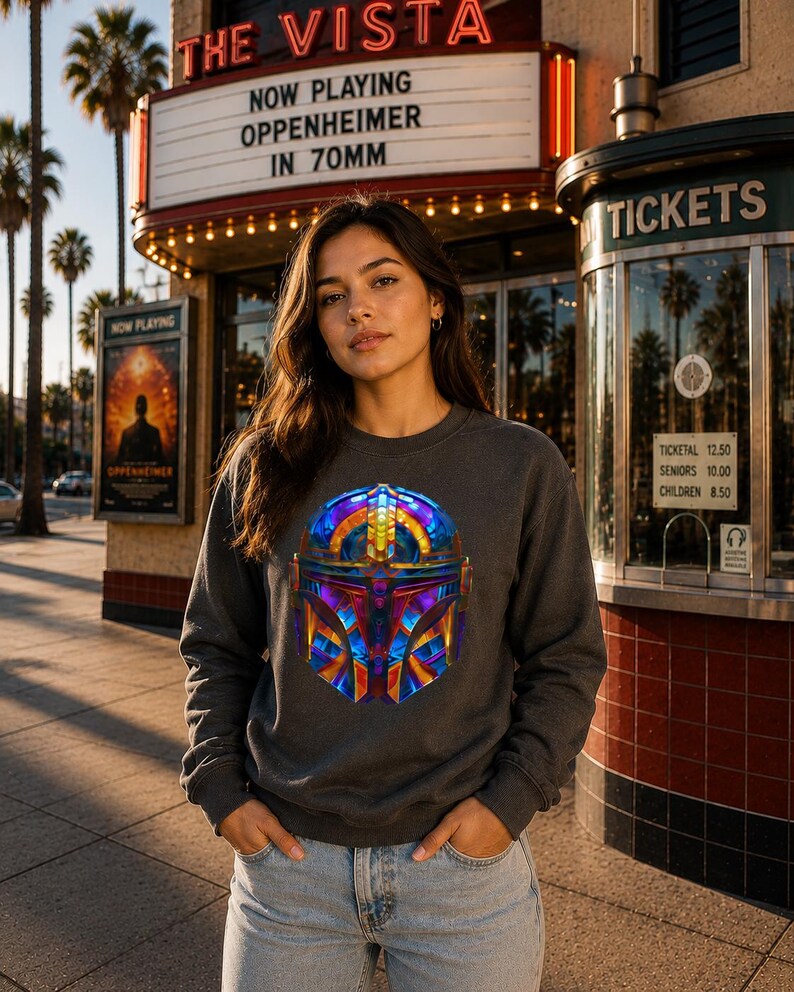 K&ouml;nnte beinhalten: Ein anthrazitfarbenes Langarm-Sweatshirt mit einer leuchtenden, mehrfarbigen Grafik eines Helms mit geometrischen Mustern in Blau-, Lila-, Orange- und Gelbt&ouml;nen, kombiniert mit einer hellblauen Jeanshose aus Denim.