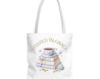 Durchdrungen von Anmut Blau Toille Teetasse Stapel Einkaufstasche | Blumen Bücher Illustration