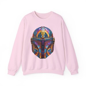 Pink sci fi helmet sweatshirt with colorful geometric mandolorian style space armor graphic, styled as a gamer gift.