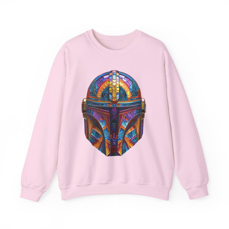 Pink sci fi helmet sweatshirt with colorful geometric mandolorian style space armor graphic, styled as a gamer gift.