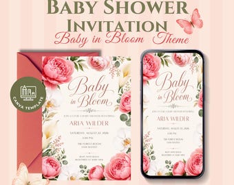 Baby in Bloom Shower Invitation, Floral Peony Butterfly Design (5x7 Printable, Mobile)