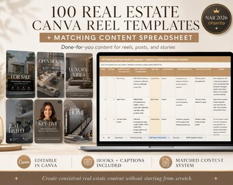 100 Real Estate Canva Reel Templates, NAR 2026 Updated, Content Spreadsheet
