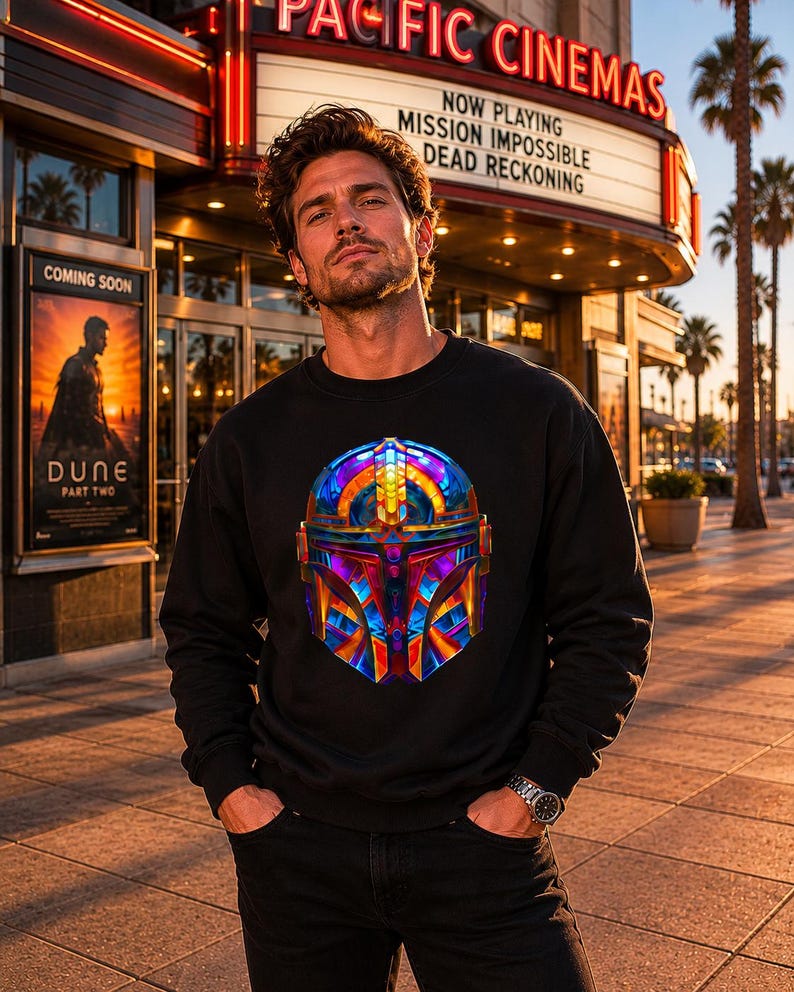 Black graphic sweatshirt with colorful sci fi mandolorian style helmet art, geometric armor design, and gamer streetwear style.