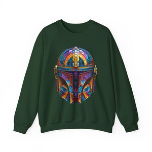 Forest green sci fi helmet sweatshirt with colorful geometric armor design for gamers and sci fi fans.