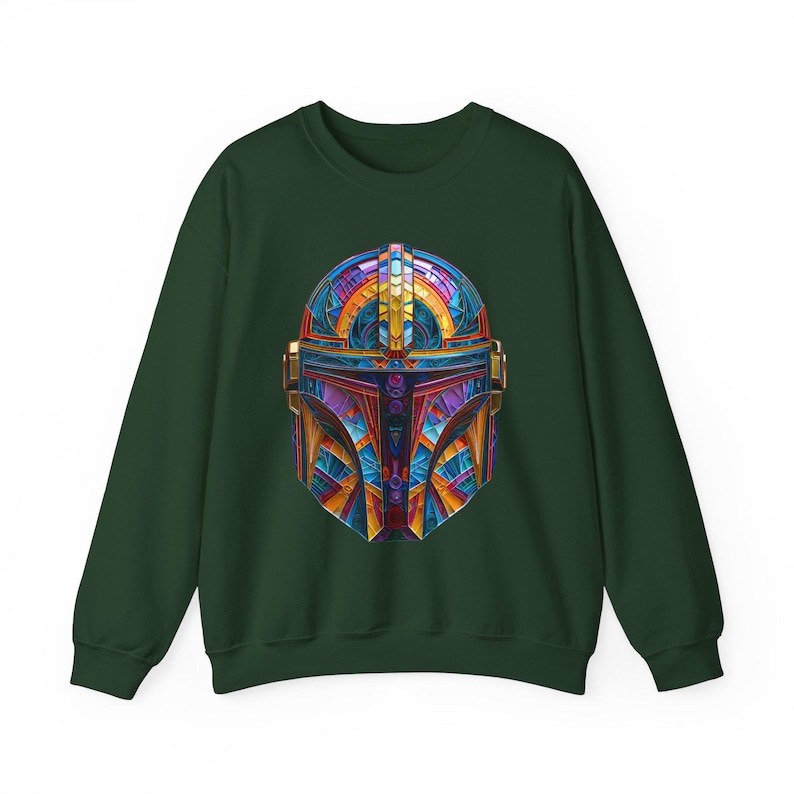 Forest green sci fi helmet sweatshirt with colorful geometric armor design for gamers and sci fi fans.