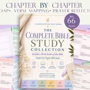 Puede incluir: Un sistema de estudio bíblico guiado titulado The Complete Bible Study Collection, que presenta un formato capítulo por capítulo, estudio SOAP, mapeo de versículos y reflexión de oración, con 66 libros y pestañas de colores.