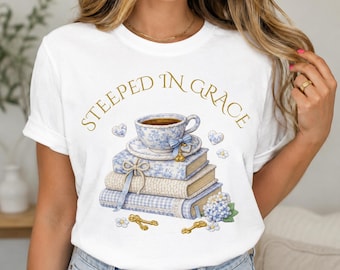 Steeped in Grace Blue Toille Tea cup and books T-Shirt | floral teacup illustration