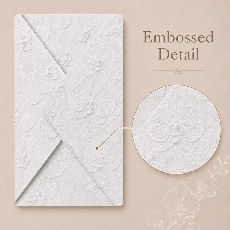White embossed orchid envelope close-up showing raised floral texture detail for digital invitations and Canva designs.
