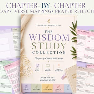 Könnte beinhalten: Die Wisdom Study Collection, ein geführtes Bibelstudium-System, bietet Kapitel für Kapitel Bibelstudienmaterialien. Das Bild zeigt ein Buch und mehrere Studienblätter mit Texten wie SOAP, Verse Mapping und Prayer Reflection. Die Farbpalette umfasst sanfte Pastelltöne und florale Akzente.