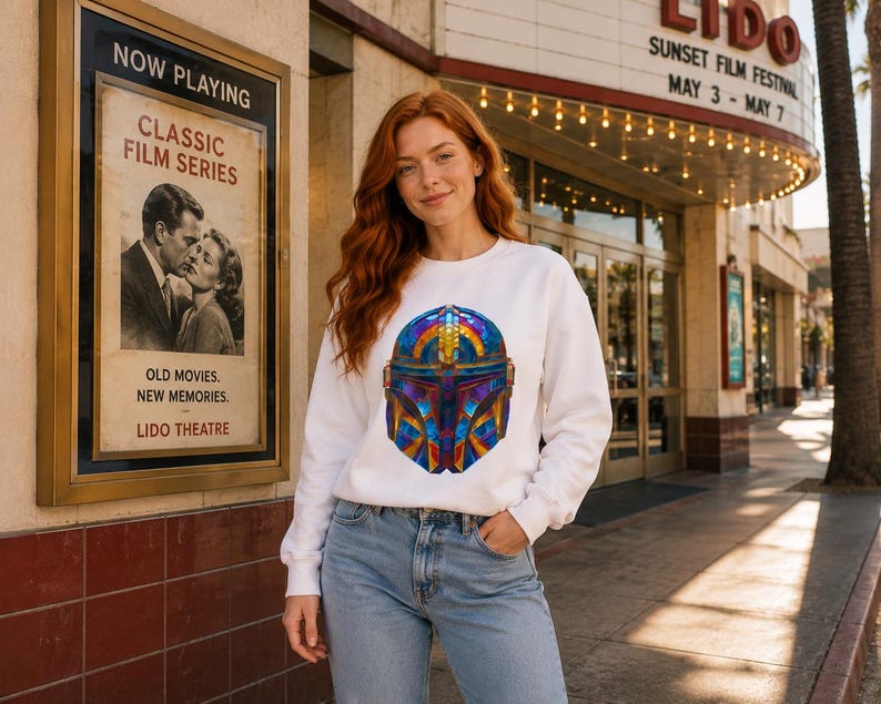 K&ouml;nnte beinhalten: Ein wei&szlig;es Langarm-Sweatshirt mit einer farbenfrohen Grafik im Buntglas-Stil eines Helms auf der Vorderseite. Das Design kombiniert leuchtende Blau-, Orange- und Gelbt&ouml;ne in einem geometrischen Muster, kombiniert mit einer hellblauen Jeanshose.