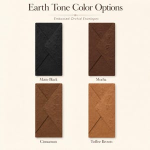 Earth tone embossed orchid envelope color options showing matte black, mocha, cinnamon, and toffee brown digital envelope assets.