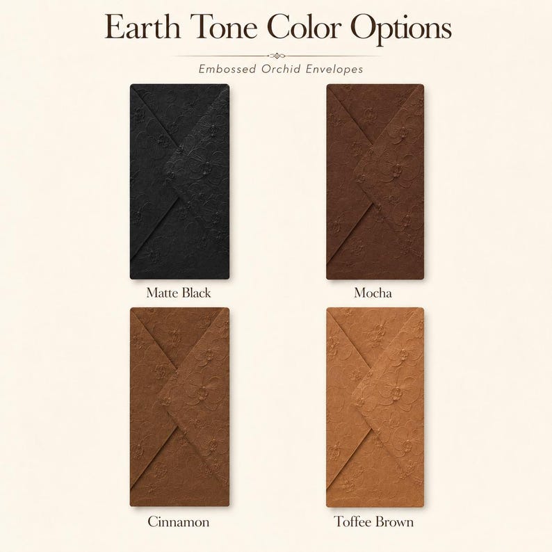 Earth tone embossed orchid envelope color options showing matte black, mocha, cinnamon, and toffee brown digital envelope assets.