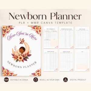 May include: A digital newborn planner template with a soft, floral design. The cover features a baby sleeping on a crescent moon with the text "Now You're Here" and "Newborn Planner." Includes daily newborn log, feeding, sleep, diaper, and growth trackers.