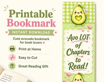 Printable Avocado Bookmark, Kawaii Book Lover Gift, Reading Accessory (Digital Download)