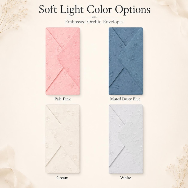 Soft light embossed orchid envelope color options showing pale pink, muted dusty blue, cream, and white envelope PNG assets.