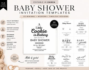 35 modèles d'invitations de baby shower minimalistes (PLR, modifiables sur Canva)