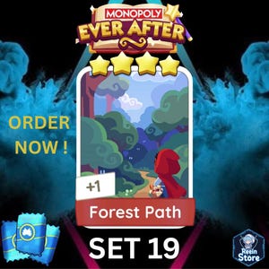 Puede incluir: Una tarjeta del juego Monopoly Ever After con una escena de bosque y un personaje con una capucha roja. La tarjeta está etiquetada como "Forest Path" y "Set 19". La imagen incluye el texto "Order Now!" y el logotipo de Reein Store.