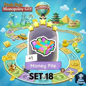Puede incluir: Un tablero de juego colorido con el texto "Posh Pets Monopoly GO!" presenta un globo aerostático, monumentos y una tarjeta "Money Pile". El tablero incluye un coche amarillo, dados y un patito de goma. La tarjeta dice "SET 18".