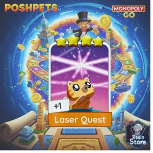 Może przedstawiać: Obraz promocyjny dla Monopoly Go z kartą z kreskówkowym kotem z napisem "Laser Quest". Karta jest osadzona na kosmicznym tle z logo Monopoly Go i logo Posh Pets. Obraz zawiera złote monety i mężczyznę z Monopoly.