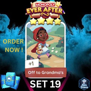 Puede incluir: Tarjeta del juego Monopoly Ever After con el tema de Caperucita Roja. La tarjeta muestra una ilustración de dibujos animados de una niña con una capa roja, caminando por un camino. El texto de la tarjeta dice "Off to Grandma's" y "Set 19".