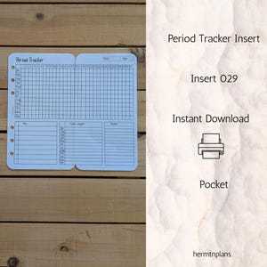 Può includere: Un inserto in carta bianca per il tracciamento del ciclo con griglie e testo neri. Il layout include un calendario mensile, una sezione chiave, il tracciamento della durata del ciclo e note. Il testo riporta Period Tracker, Insert 029, Instant Download, Pocket e hermtnplans.