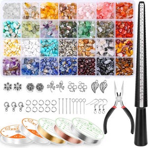 May include: A jewelry-making kit with a variety of colorful gemstone beads in a clear divided container. Includes silver-toned charms, clasps, jump rings, head pins, ear wires, pliers, beading wire, and a ring sizer.