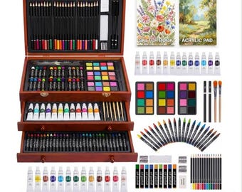 175-delige luxe kunstset in houten kist, tekenset voor kinderen en volwassenen, acryl-aquarelkleurpotloden