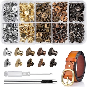 May include: A clear plastic organizer box filled with metal rivets in silver, gold, bronze, copper, and black finishes. Below are individual rivets, a screwdriver, a hole punch tool, and a tan leather belt with a gold-toned metal buckle.