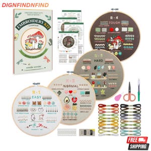 May include: An embroidery kit with multiple round hoops showcasing different stitch patterns and difficulty levels. The kit includes a box with the text "Embroidery Kit" and "Stitch Your Story", along with scissors, needles, and colorful threads. The difficulty levels are labeled "Easy", "Normal", "Hard", and "Tough".