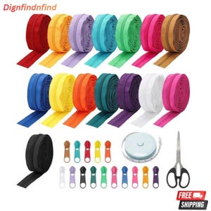 Zipper Tape Kit #5 Nylon Coil – 45 Yards 15 Colors with 90 Pull Heads – Sewing Supplies for Bag, Purse & Clothing DIY