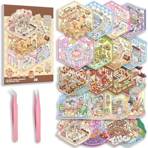 3D Sticker Scene Book for Kids & Adults, Reusable DIY House Stickers with Background Boards, Creative Craft Gift
