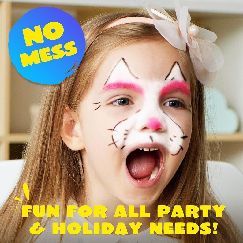 Op de afbeelding: Een meisje met kattengezichtverf, met roze wenkbrauwen en neus, en zwarte snorharen en oren. De afbeelding bevat de tekst "NO MESS" in een blauwe cirkel en "FUN FOR ALL PARTY & HOLIDAY NEEDS!" in het geel.