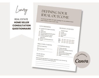 Modello di questionario per la consulenza ai venditori di immobili / Lista di controllo per la motivazione dei clienti nel settore immobiliare / Modello modificabile su Canva