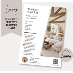 May include: A luxury real estate property features flyer template with a white background, black text, and a photo of a living room with exposed wooden ceiling beams. The flyer includes property details, a list of highlights, contact info, and a QR code.