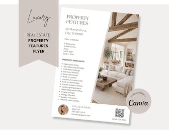 Modello Canva per volantino con le caratteristiche dell'immobile / Scheda informativa dell'immobile con codice QR / Strumento per annunci immobiliari / Marketing per agenti immobiliari di lusso