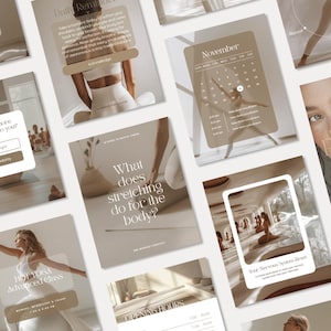 May include: A collection of social media templates featuring a neutral beige and white colour palette. The designs include yoga-themed imagery, calendar layouts, text overlays like 'Daily Reminder' and 'Hot Yoga Advanced Class', and wellness prompts.