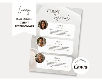 Testimonianza del cliente Modello Canva / Modello di volantino immobiliare / Agricoltura immobiliare / Branding e marketing per agenti immobiliari / Recensione del cliente