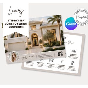 Könnte beinhalten: Eine Immobilienmarketing-Vorlage mit dem Text "Luxus Schritt-für-Schritt-Anleitung zum Verkauf Ihres Hauses". Das Design zeigt ein Foto eines Luxushauses, ein Porträt eines Maklers und Symbole, die wichtige Schritte im Verkaufsprozess darstellen.