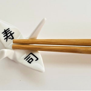 Personalized Ceramic Origami Crane Chopstick Rests and Bamboo Chopsticks Gift Set with Customized Japanese Kanji Vinyl Stickers