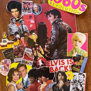 Puede incluir: Un collage de imágenes y texto de la década de 1960, que incluye a Elvis Presley, The Beatles, carteles de películas y el texto "The 1960s Revolution" en rosa y amarillo. El collage está sobre una superficie de madera.