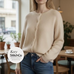 ハンドメイドピュアウールクルーネックカーディガン：レディースルーズニットセータートップス