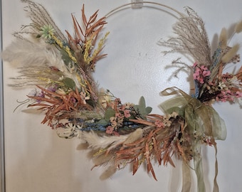 Boho Dried Flower Cresent Style Gold Hoop Wreath