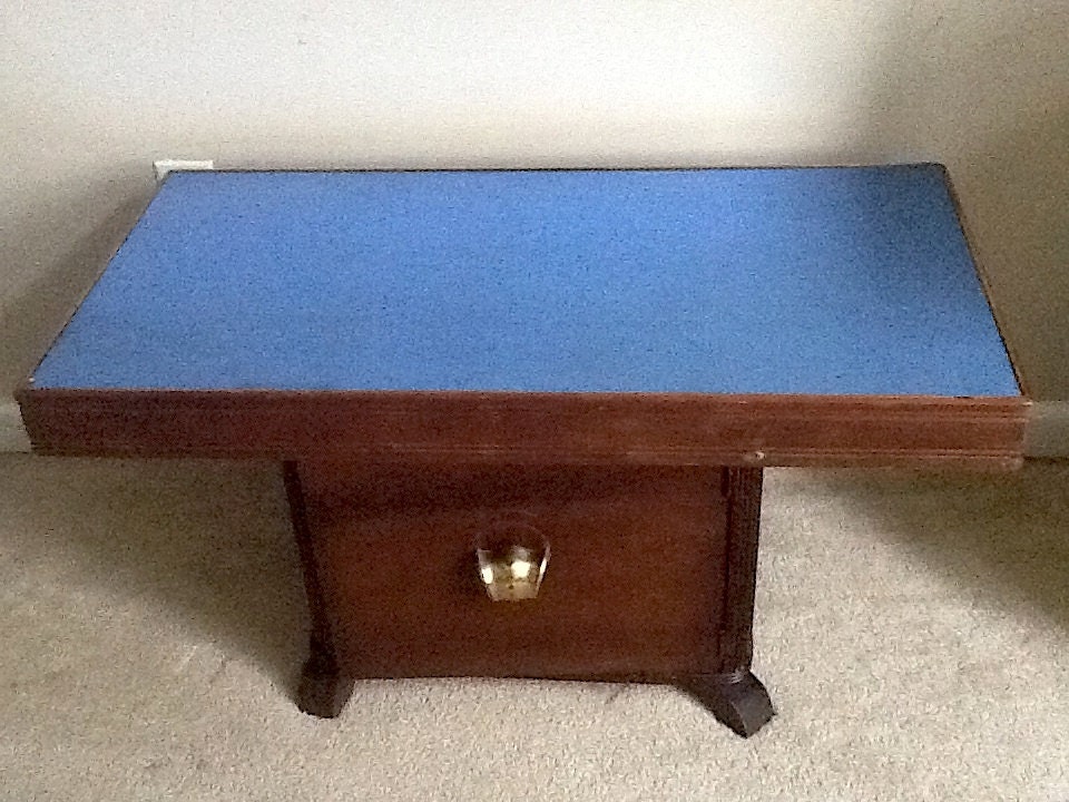 Antique Vintage Art Deco Cobalt Blue Mirror Glass Table 50