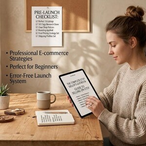May include: A digital tablet displaying The Complete Etsy Seller's Guidebook, a notebook, a mug, and wooden coasters on a wooden desk. A wall sign reads Pre-Launch Checklist with six items, and text lists Professional E-commerce Strategies.