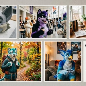Puede incluir: Un collage de trajes furry personalizados que incluye una base de cabeza de espuma gris, un personaje morado y negro en un pasillo, un panda rojo escribiendo, un leopardo azul cerceta en un bosque, un pájaro azul y una hoja de referencia.