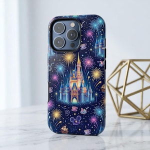 Magic Castle Fireworks phone case, Cinderella castle pattern, fireworks night, Disney icons, iPhone 18 17 16 15 14, Samsung S26, Google Case