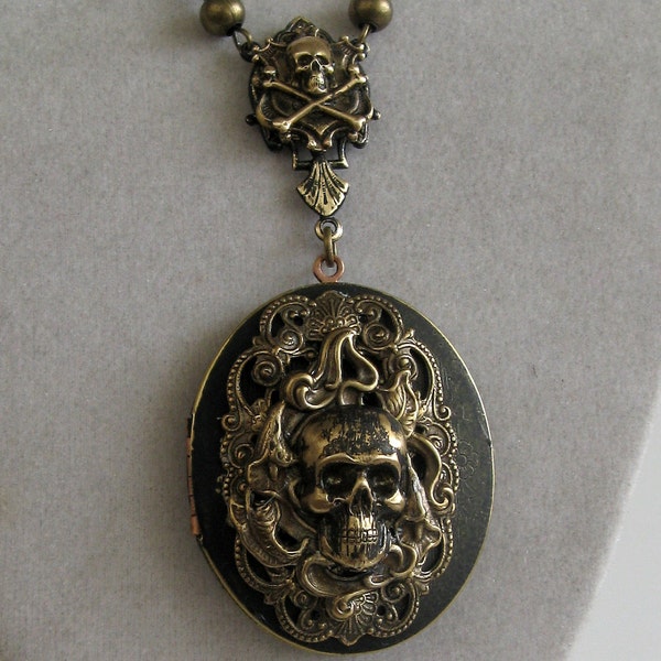 RESERVED for tte131 - Santa MUERTE Locket - 1940s solid brass Skull locket necklace signed and OOAK unisex Pirate Privateer