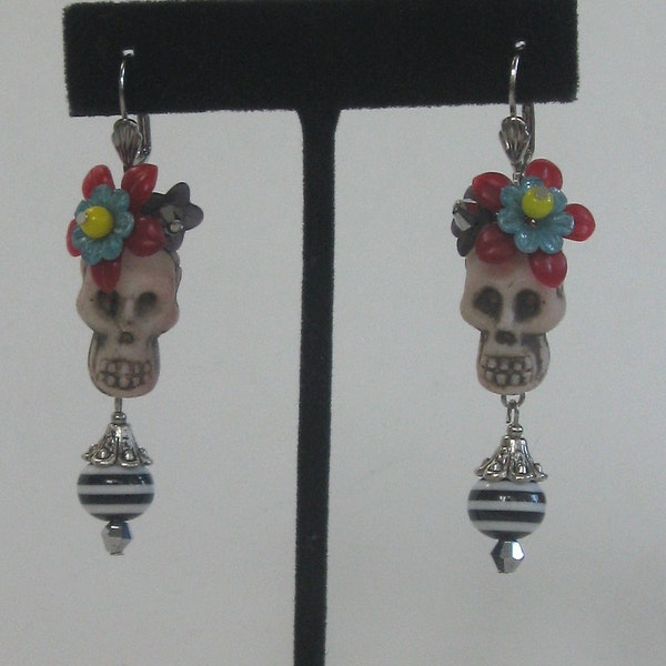 Calavera CATRINA Dia de Los Muertos folk art earrings with vintage flowers, beads and Swarovski