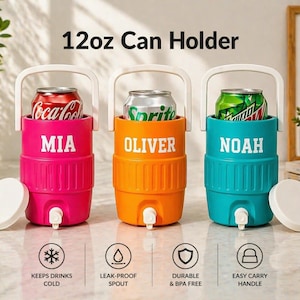 May include: Three colorful 12oz can holders, each with a different name: Mia, Oliver, and Noah. The holders are pink, orange, and teal, respectively, and feature a white handle and a spout. Each holds a can of soda. The text "Keeps Drinks Cold" is visible.