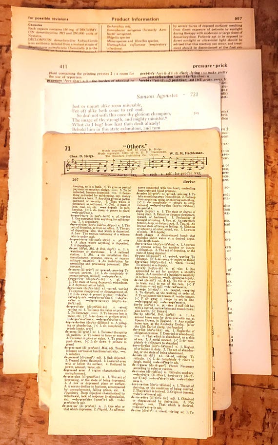 Junk Journal Pages Authentic Vintage-- Dictionary, Medical , Hymnal, Catalog, Not Digital, Crafting Kids Adults